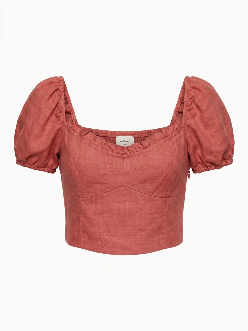 Wilfred Aritzia Terracotta 2XS Linen Puff Sleeve Smocked Sweetheart Crop Top